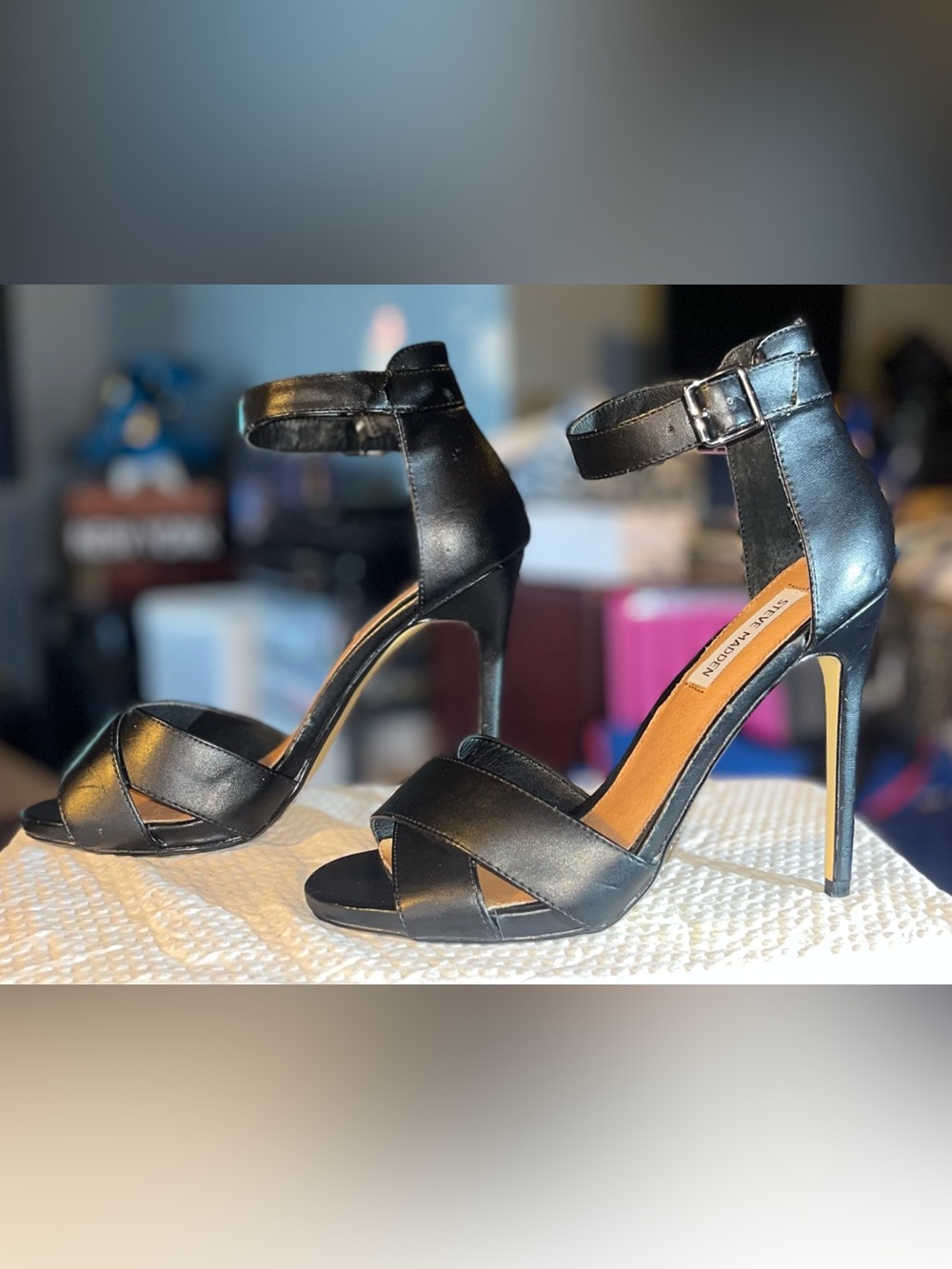 Steve Madden Mickey Black Ankle-Strap Stiletto Heels Size 9M Good condition